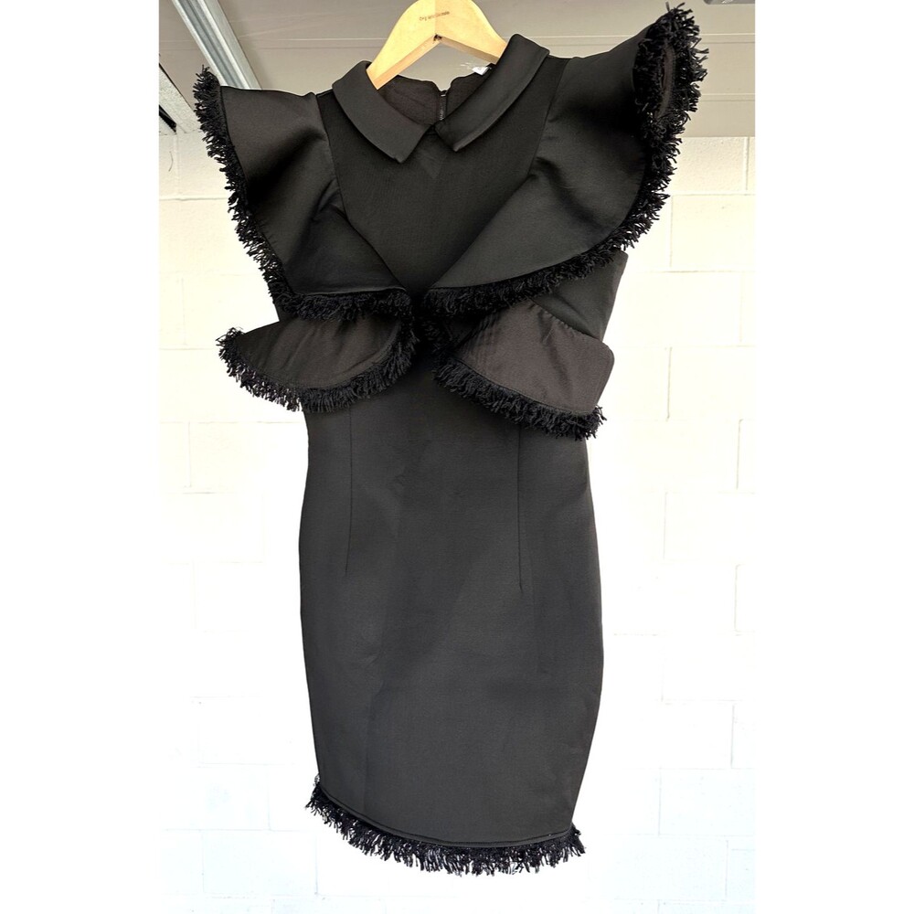 Rare Black Architectural deconstucted designer sample  ruffle dress w/fringe 0-2